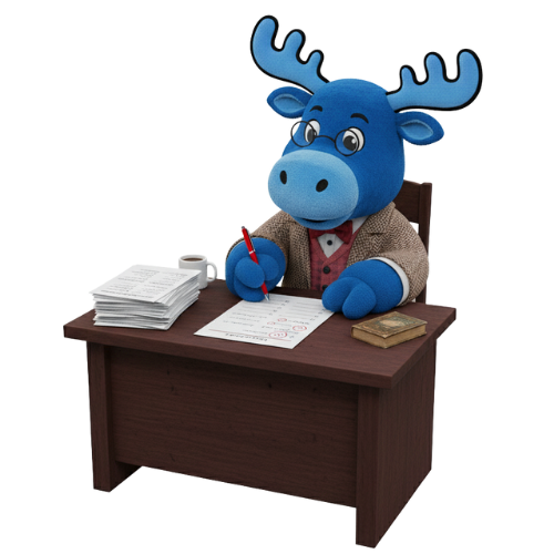 Mascote Mooose corrigindo redação